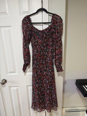 Floral Black Long-Sleeve Smocked Midi Dress